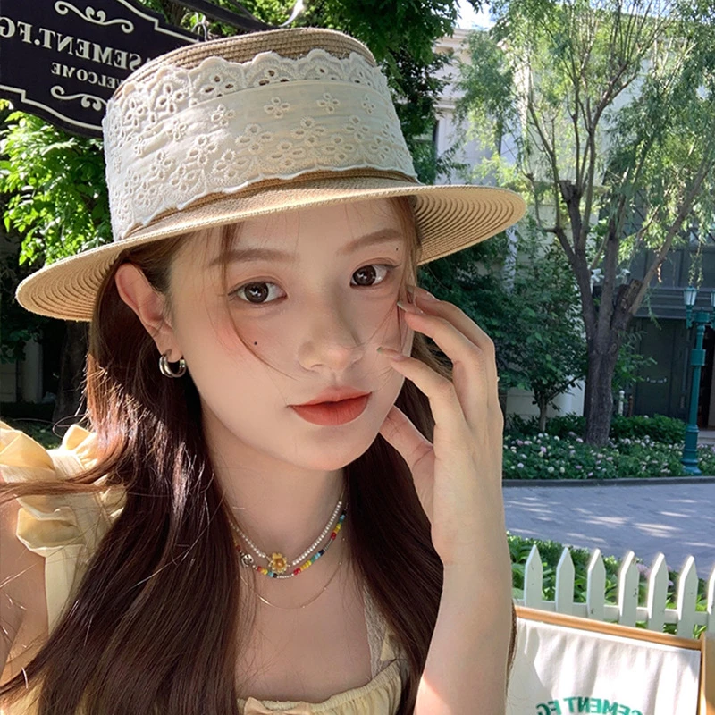 新款法式蕾丝高顶帽子时尚草帽女夏季海边防晒遮阳防晒遮阳平顶帽