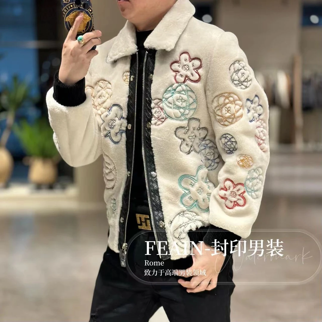 高端定制毛绒重工全身刺绣太阳花毛绒拉链夹克外套8578