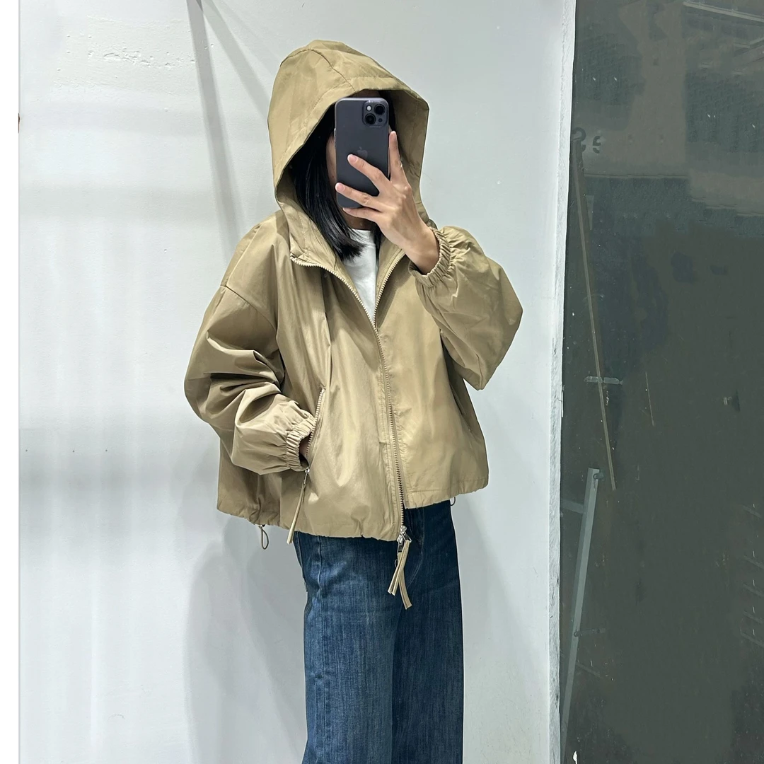 新款带帽春季短款外套韩版休闲宽松百搭 下摆抽绳时尚 简约女外套