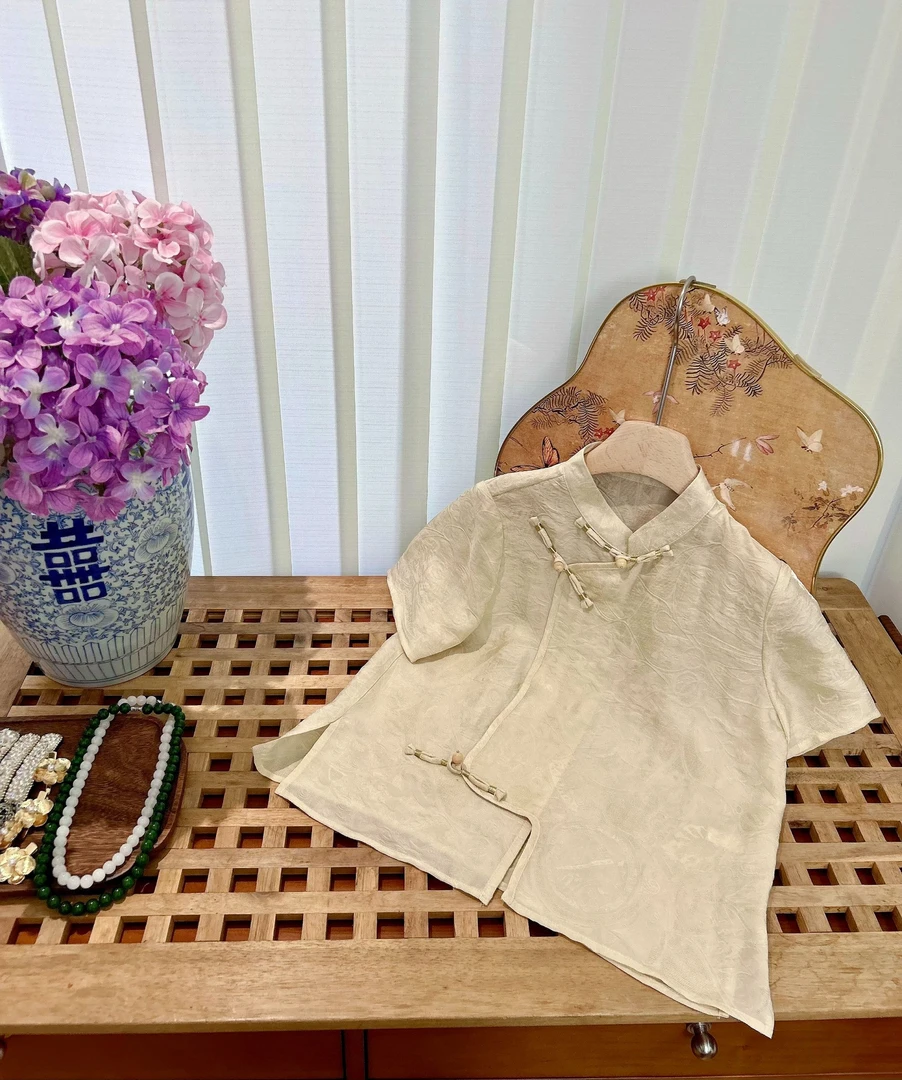 CCM新中式女童短袖2024夏季新款时尚复古中国风盘口衬衫上衣汉服