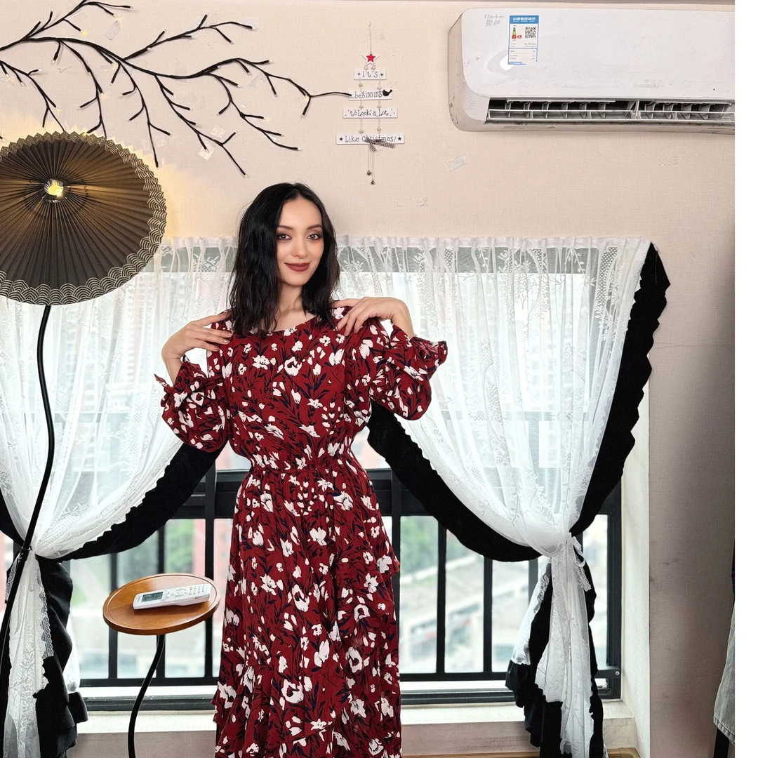 【201-250】气质长裙女装系带时尚中腰印花植物花卉碎花礼服