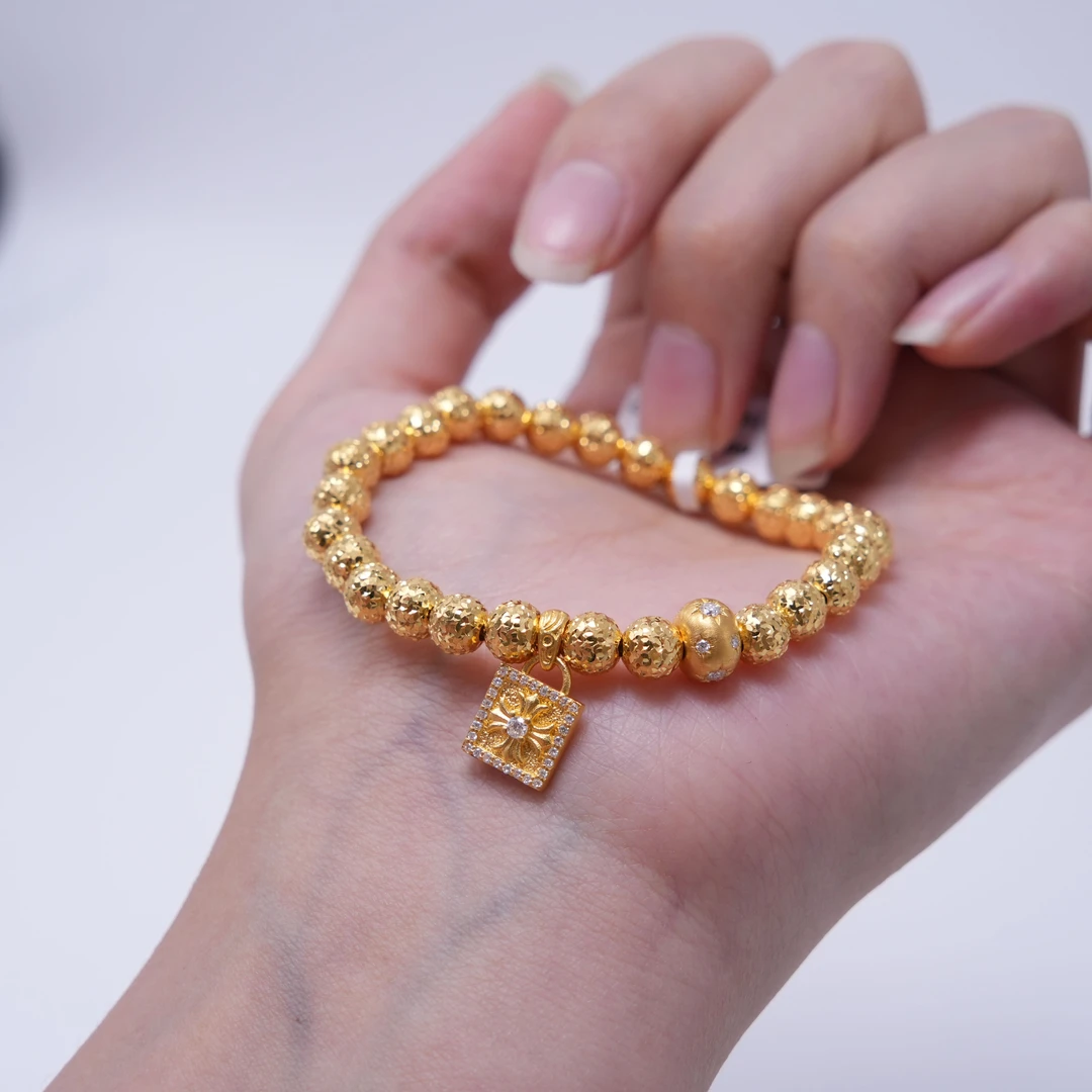 【金手链】车花珠点钻十字架吊坠手串黄金5G足金999精致百搭（88）