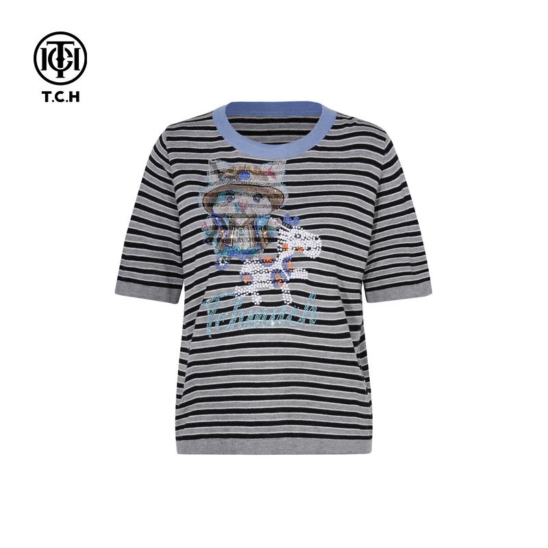 TCH烫钻工艺黑色春夏新款时尚休闲百搭宽松针织女T恤T75A09E5153