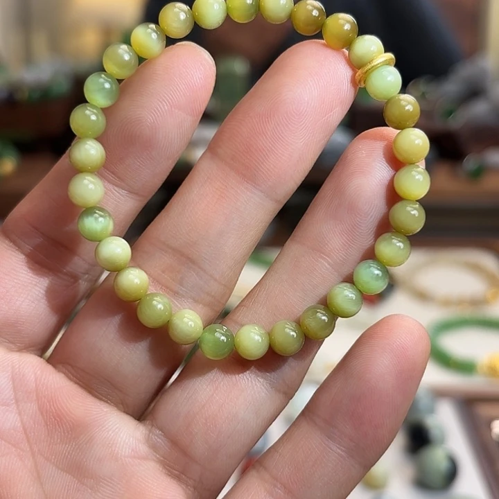 和田玉（碧玉）18K金镶嵌手链6mm黑羊洞猫眼碧玉