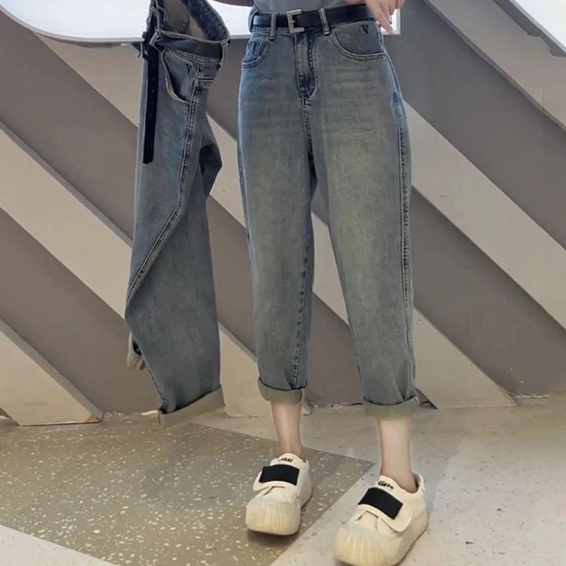 梨形显瘦大码宽松牛仔裤子女2025秋季新款高腰洋气百搭九分哈伦裤