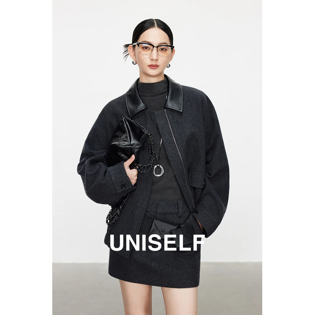 UNISELF工装风拼真皮领廓形夹克2025时髦重磅羊毛呢短外套101010