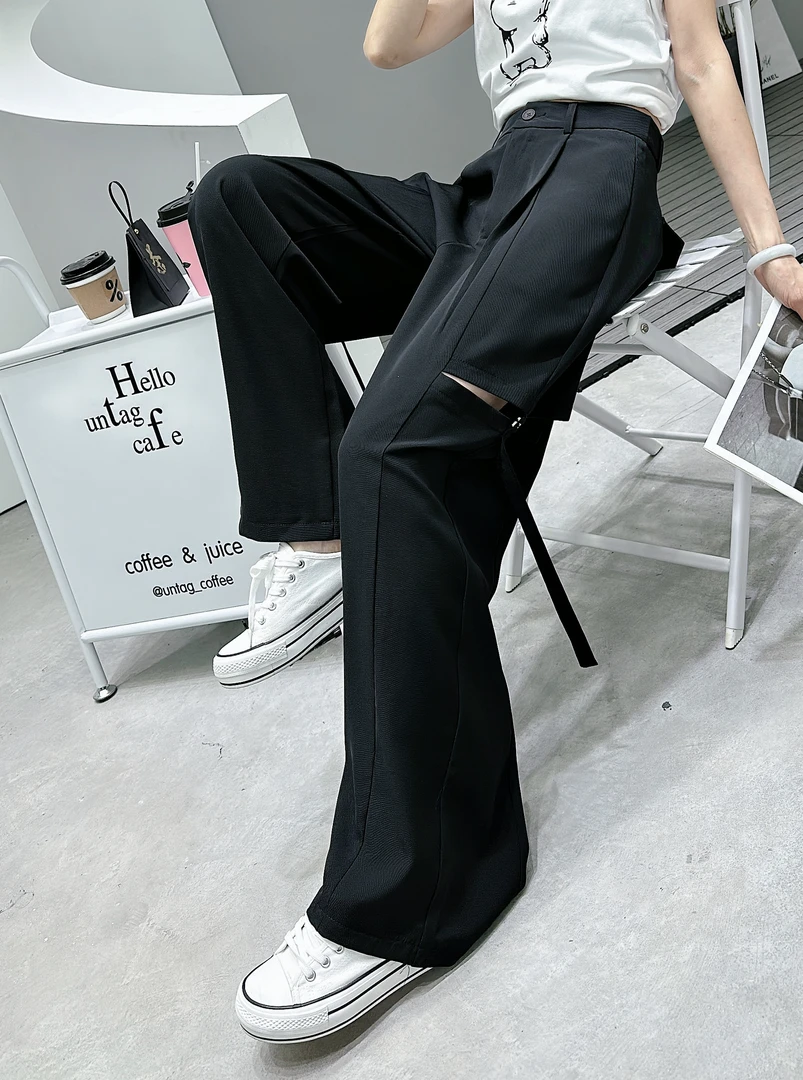 夏季新款破洞设计百搭垂感好直筒裤