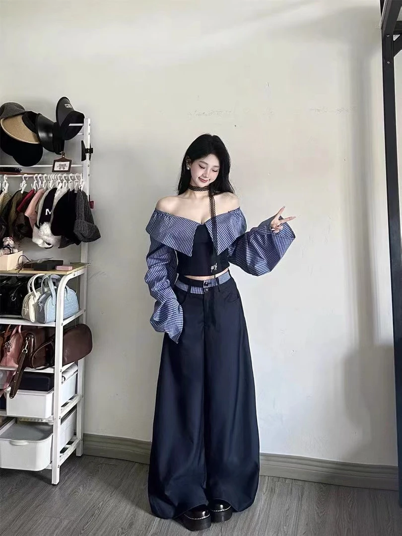 复古撞色一字肩条纹拼接长袖衬衫女春季学院风休闲阔腿裤两件套装