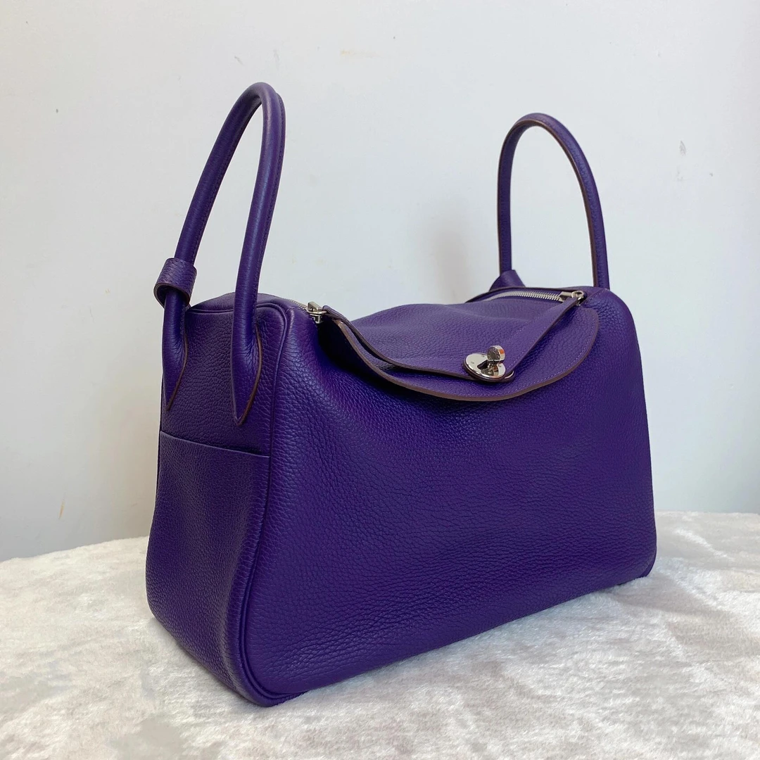 99新 Hermes/爱马仕 爱马仕lindy34紫银扣tc皮n单肩包8086032