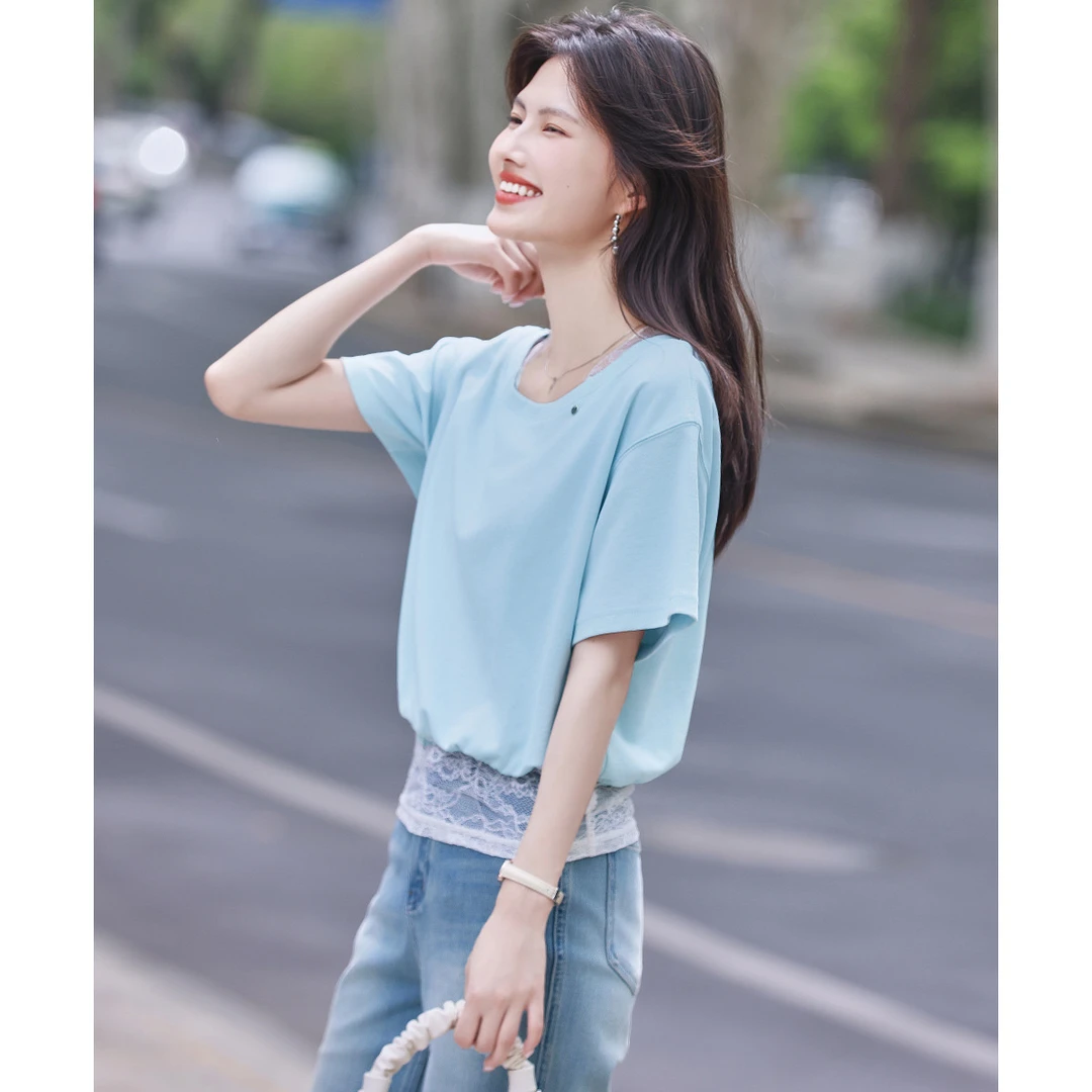 尚静文艺风假两件蕾丝拼接圆领短袖T恤2025夏季新款时尚休闲百搭
