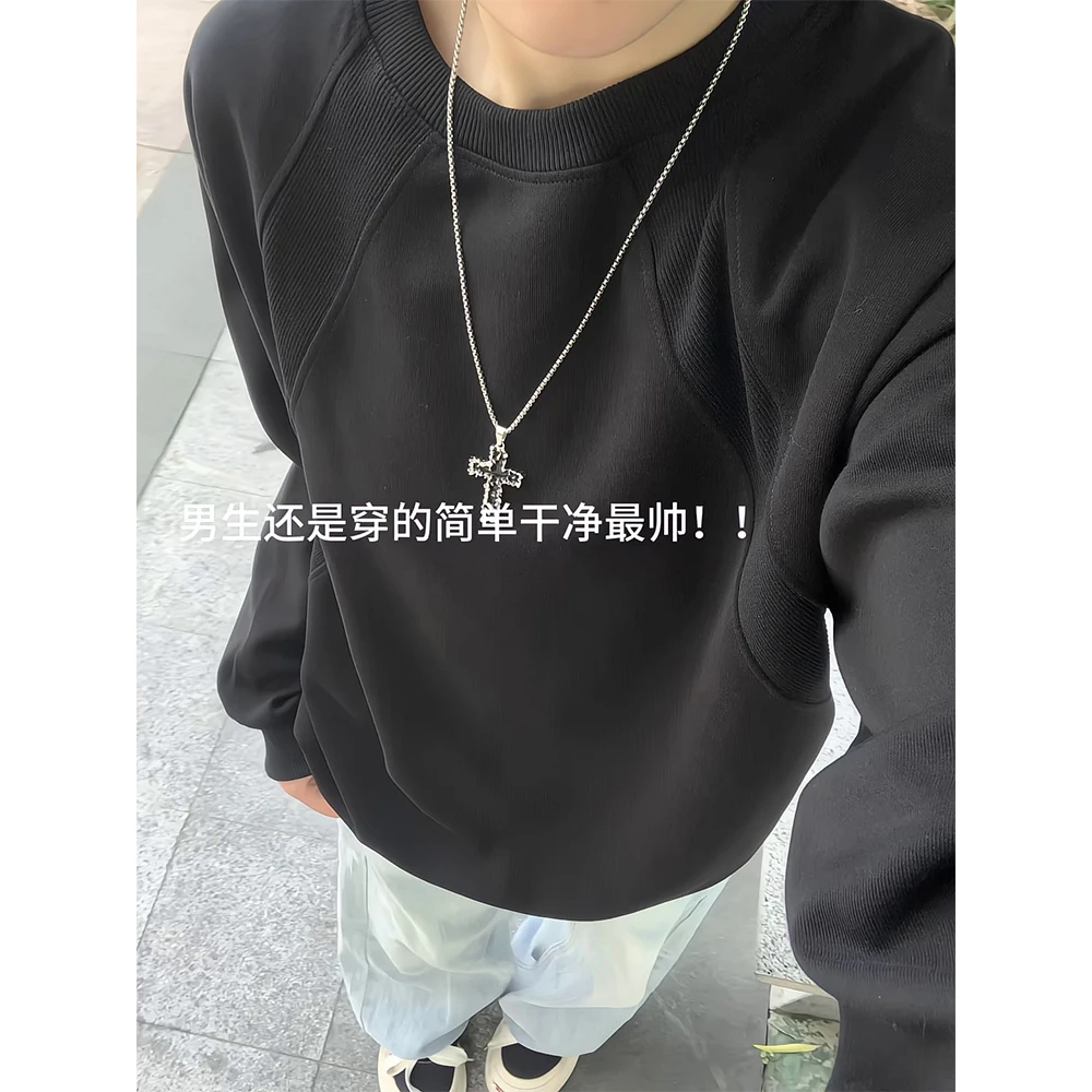 圆领拼接纯色卫衣男女秋季慵懒风宽松百搭长袖T恤柔软亲肤打底衫