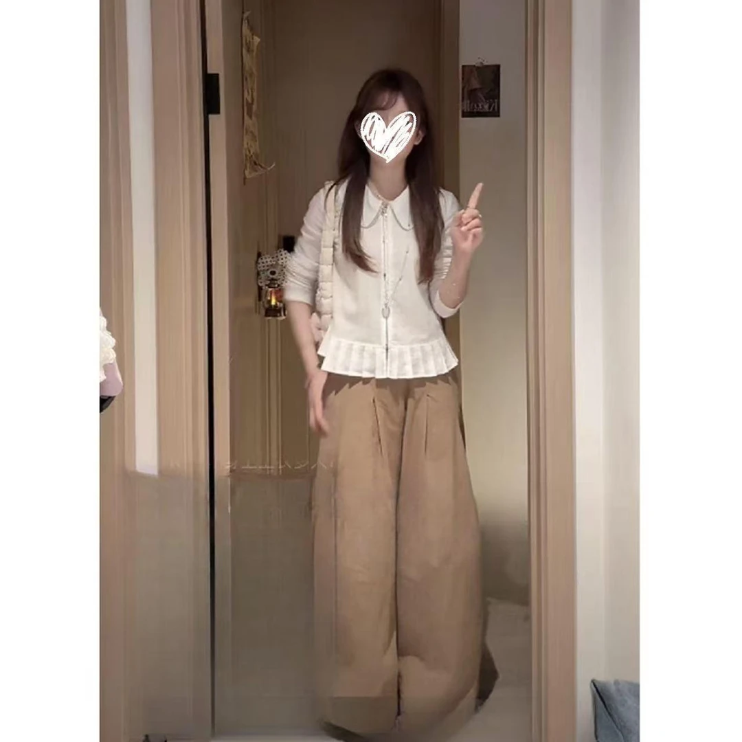 休闲复古衬衫娃娃领压褶设计感收腰显瘦百搭小众设计感衬衣女装