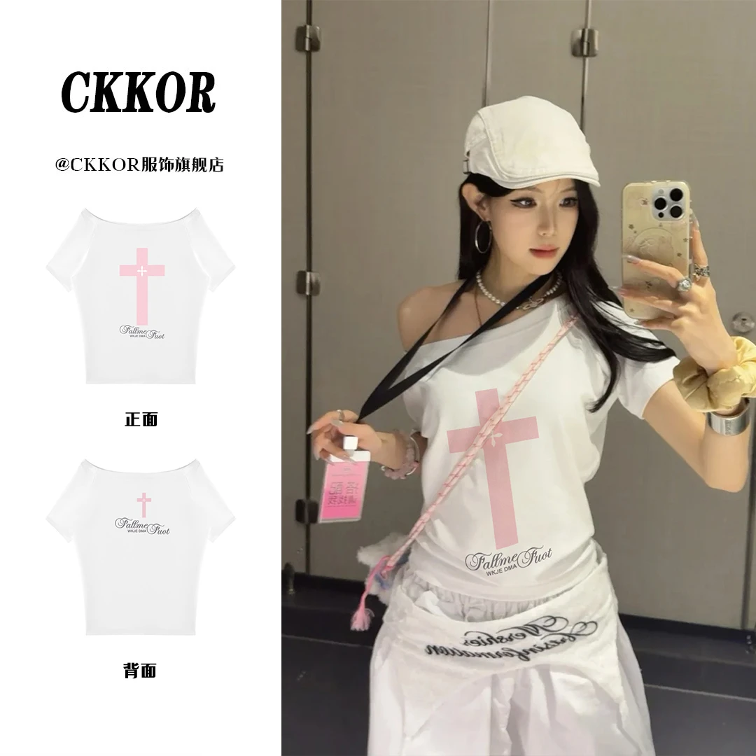 CKKOR夏季新款斜肩短袖t恤女美式潮牌印花休闲百搭宽松慵懒风上衣