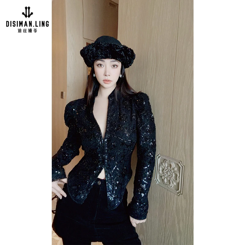 【迪丝嫚苓】黑色蕾丝上衣气质长袖短款时尚设计师显瘦秋季轻奢女士