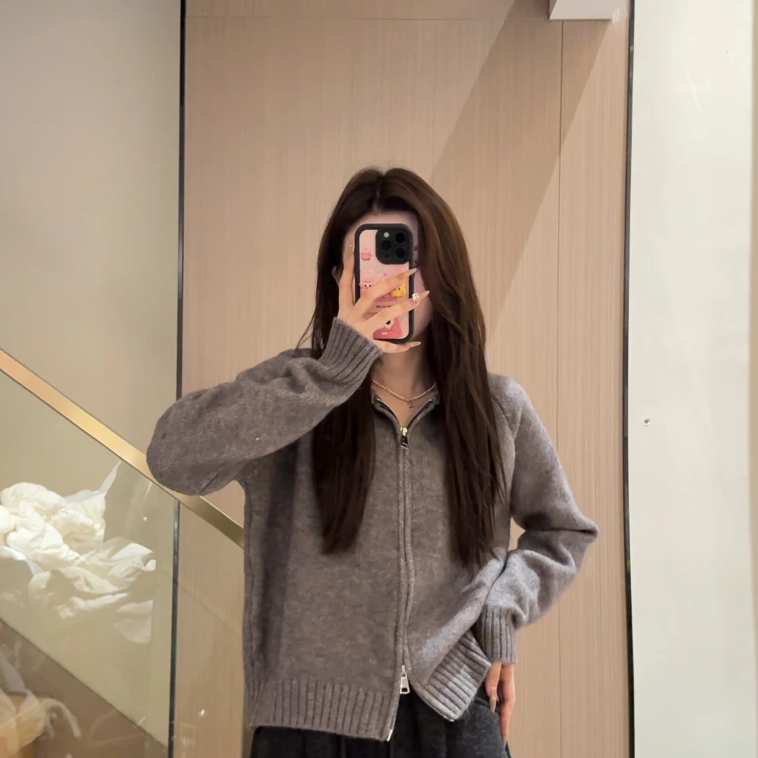 慵懒风连帽针织开衫女2025春季韩版双拉链小众设计感短款毛衣外套