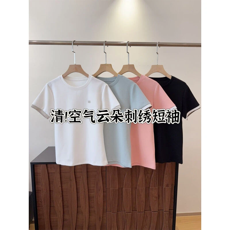 清仓 撞色刺绣短袖圆领百搭T恤