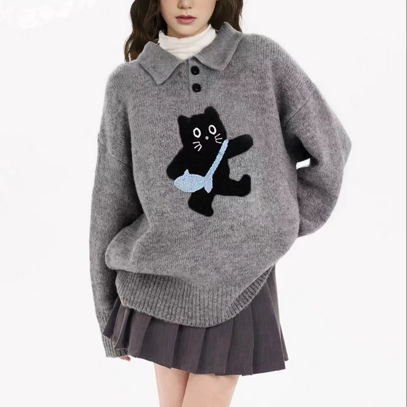 灰色POLO翻领猫咪套头内搭毛衣女秋冬季加厚宽松慵懒高级感针织衫