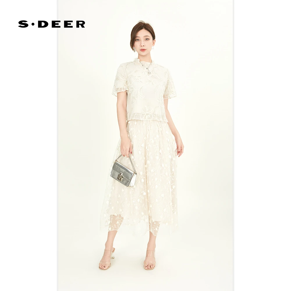 S·DEER圣迪奥春季新中式百搭轻奢提花时尚宽松女装上衣S242Z0406