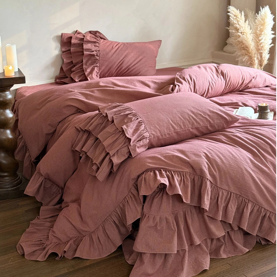 十七【曼城旧事】法式复古松弛感纯色系蛋糕花边全棉色织床裙四件套