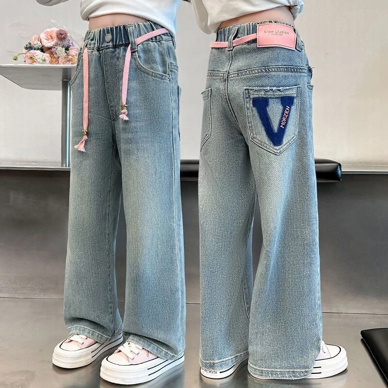 女童牛仔阔腿裤百搭2025新款女孩薄款裤子女中大童春季时尚直筒D
