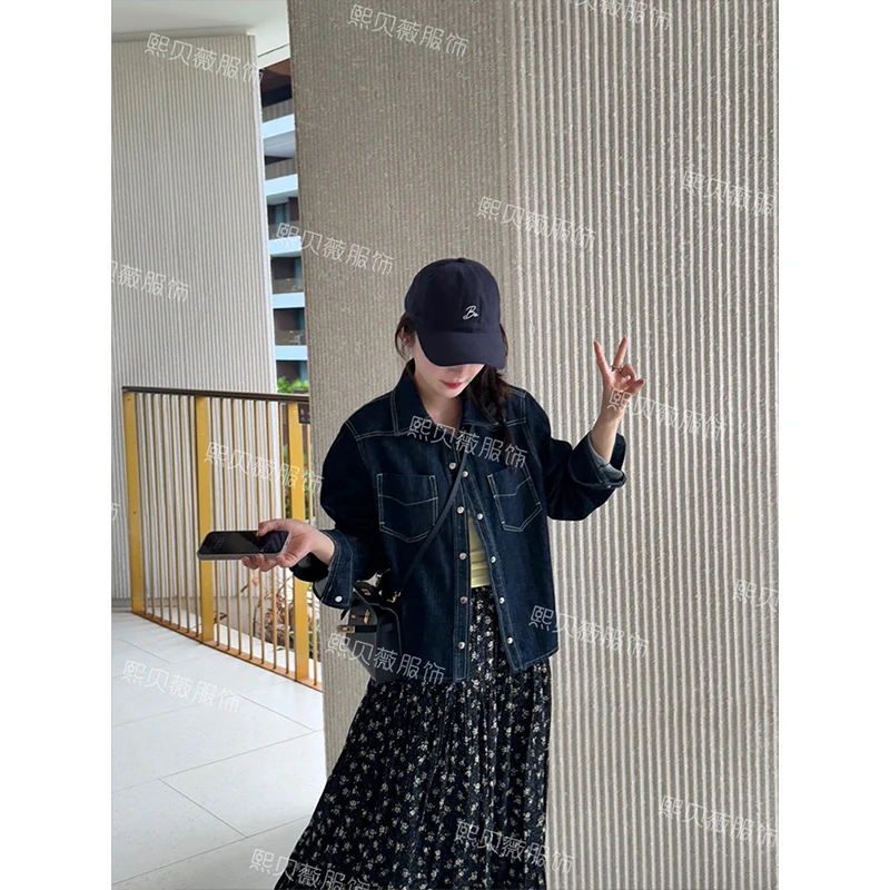 熙贝薇 早春新款设计感复古翻领休闲明线简约牛仔外套 G7258