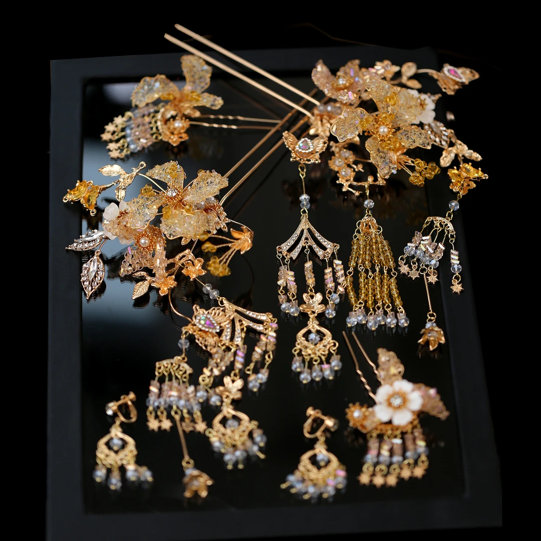 中式新娘秀禾头饰金色高级感减龄水晶古典龙凤褂百搭发饰HZ1148