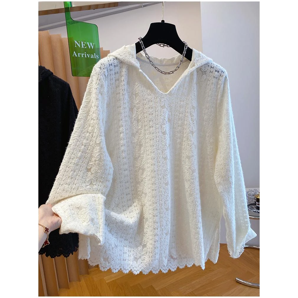 #斤磨毛提花镂空蕾丝衫女叠穿百搭连帽打底上