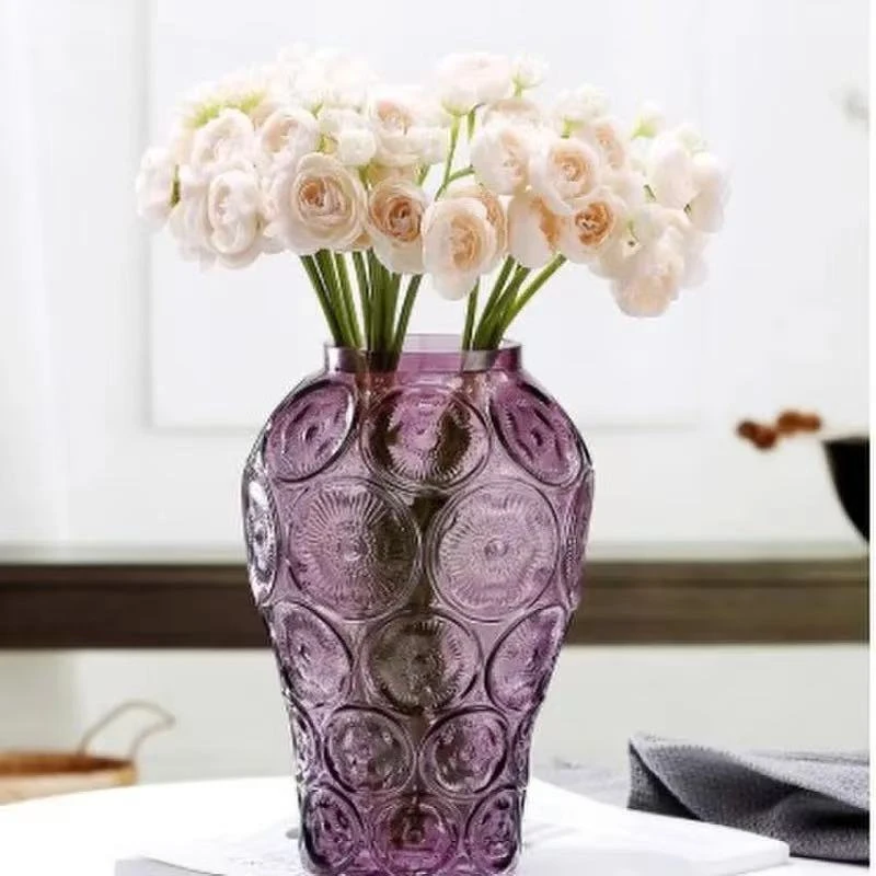 莱利法国浮雕琉璃“藏品银莲”Lalique莱*丽绛紫色水晶感中古花瓶