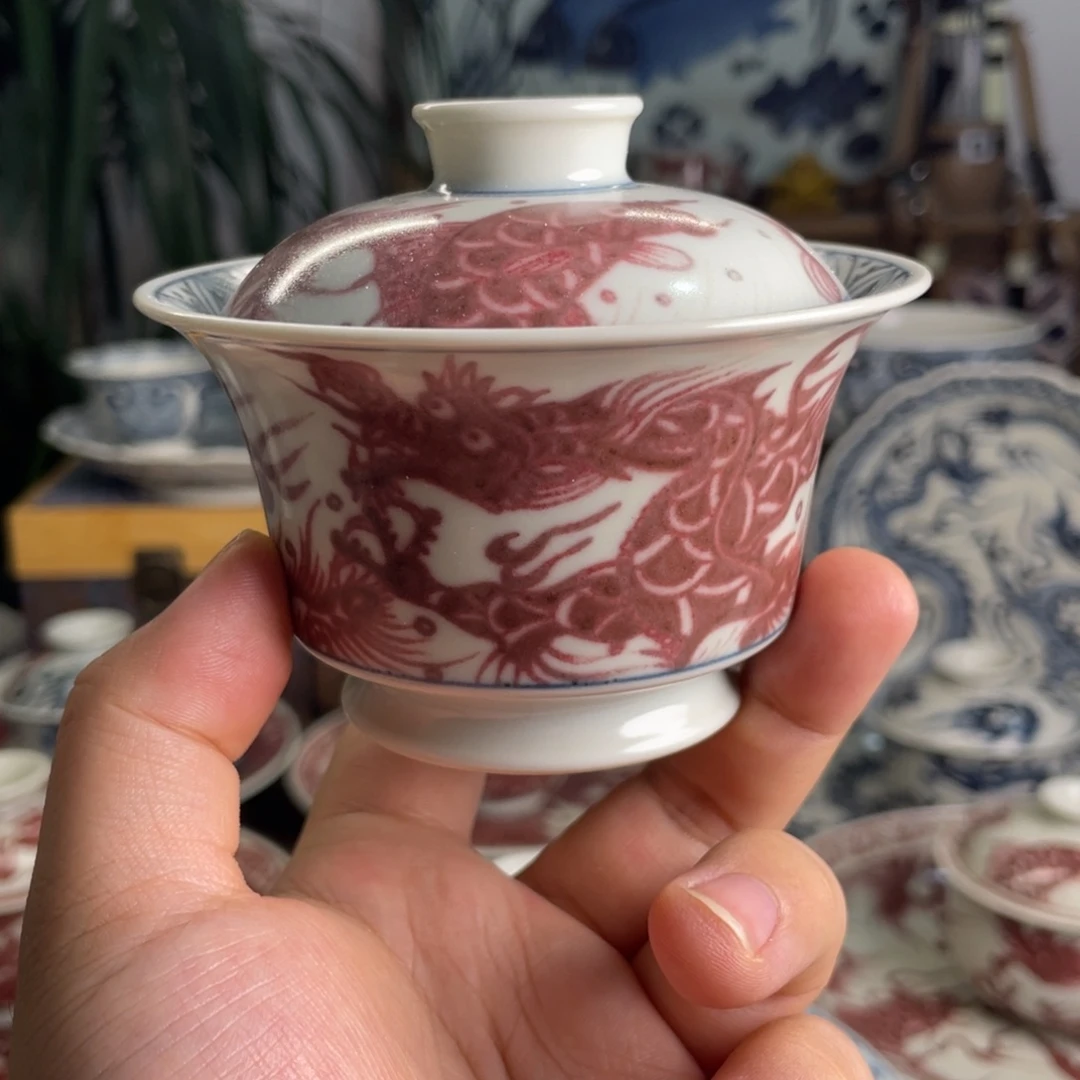 青花釉里红鱼化龙盖碗