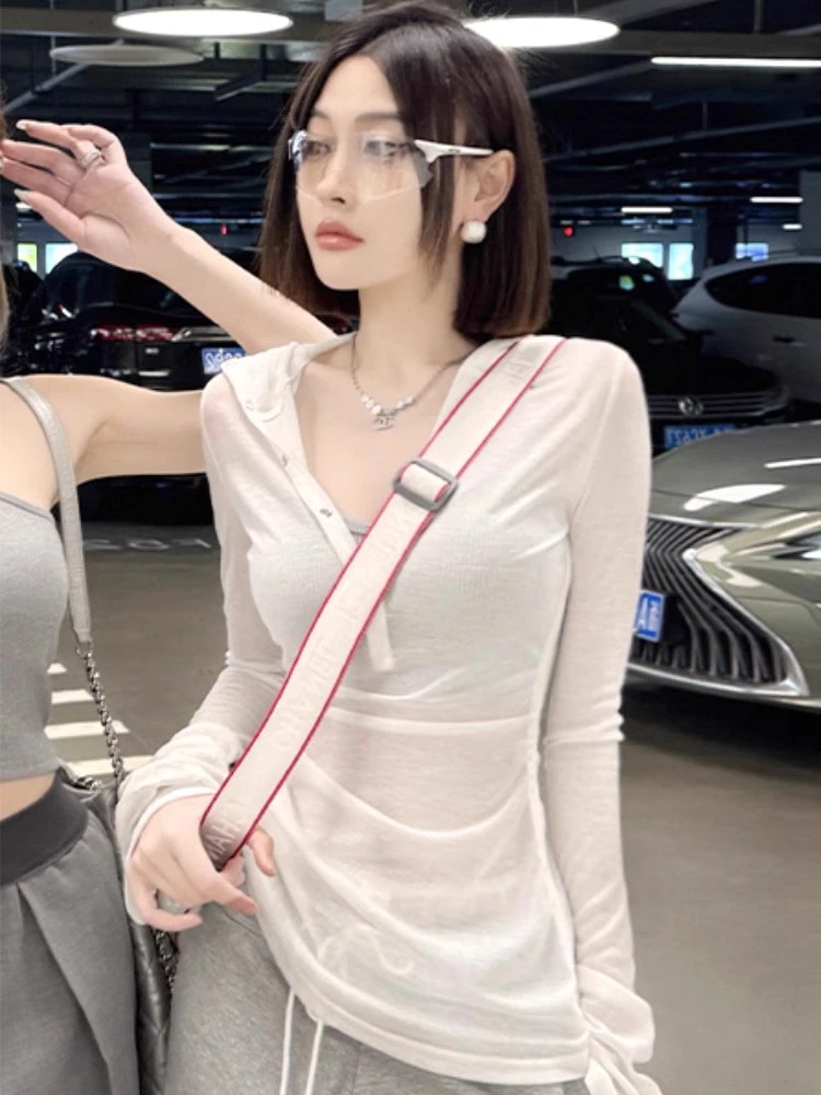辣妹纯欲风长袖薄款连帽罩衫女夏季抽绳褶皱防晒衫收腰显瘦上衣