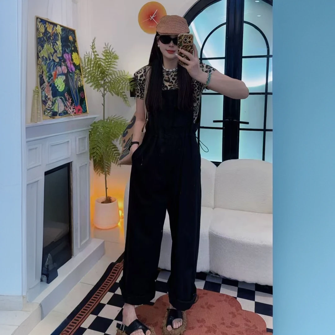 大萍子家 黑色连体裤薄款双裤腰背带裤长裤宽松直筒裤百搭背带