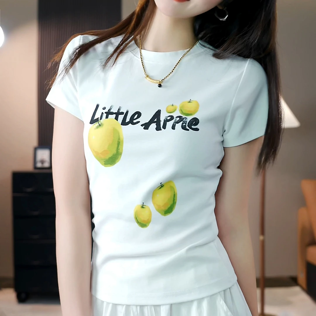 Apvr小苹果印花2025年春夏新品短袖休闲百搭显瘦圆领T恤女T600