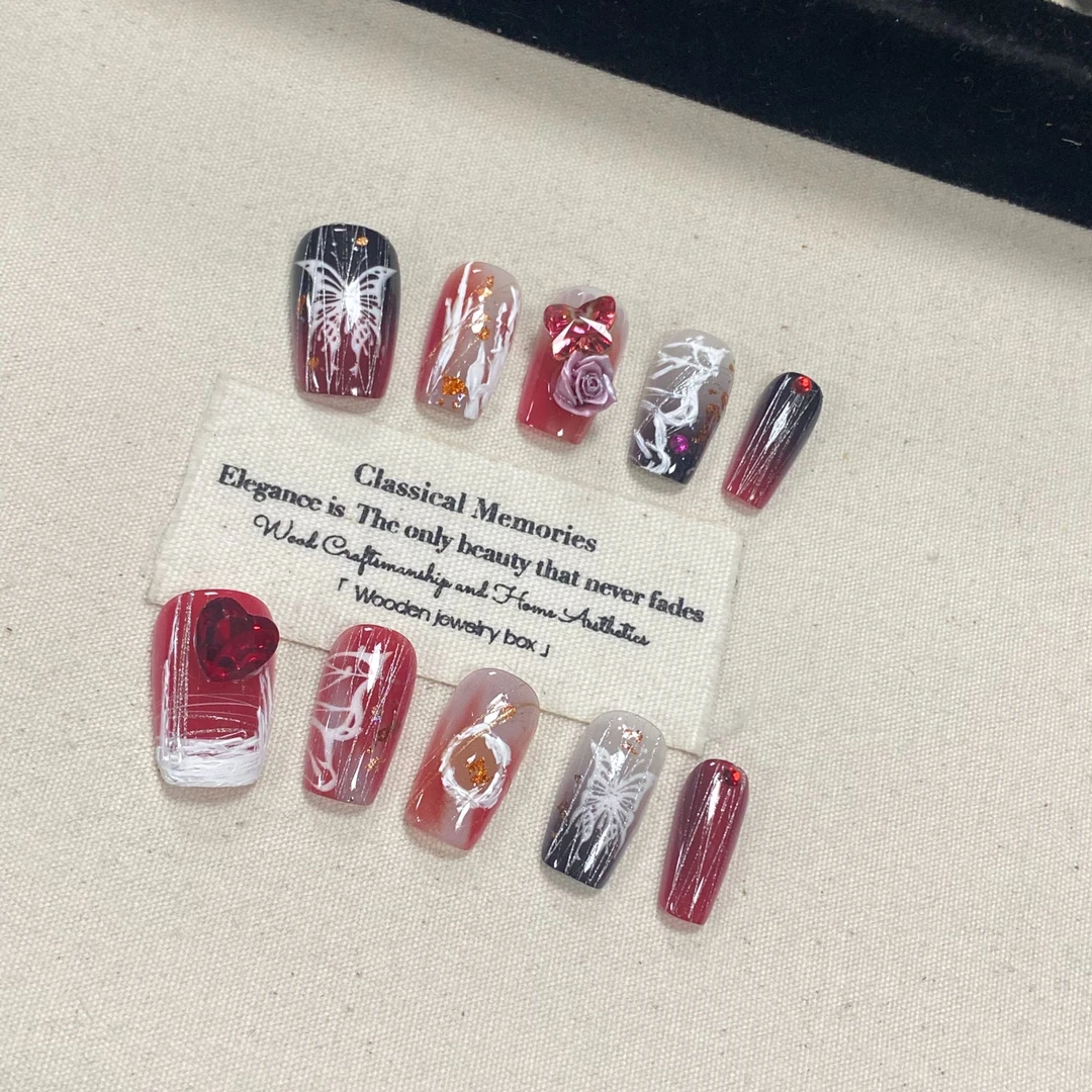 设计师合作美甲款【赤蝶】A036-纯手工穿戴甲彩色穿戴甲（送工具包）