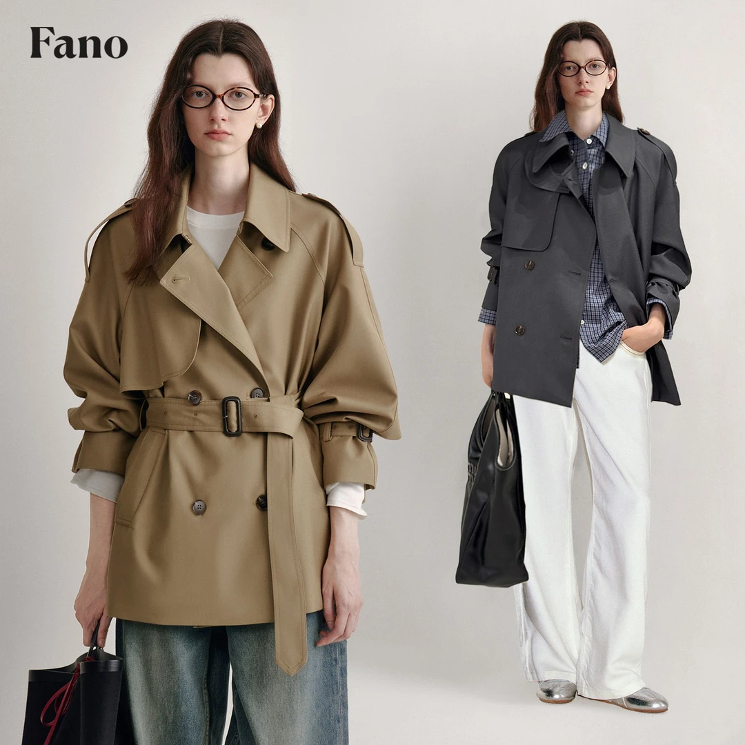 【双11】范洛休闲短款风衣外套女双排扣卡其色大衣FD24W385