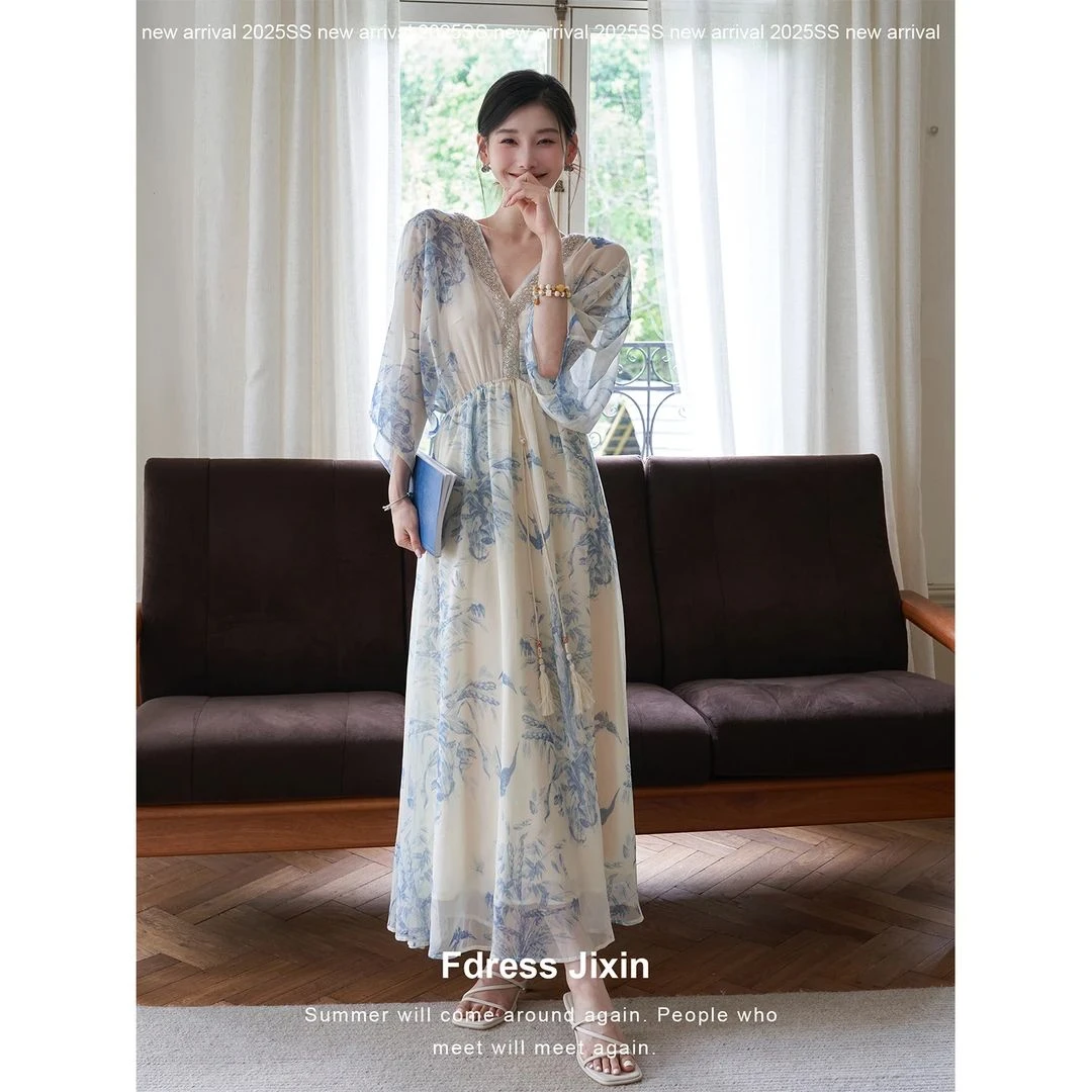 《青岫》蝙蝠袖古风白描印花收腰气质夏季连衣裙裙子莫代尔打底吊带