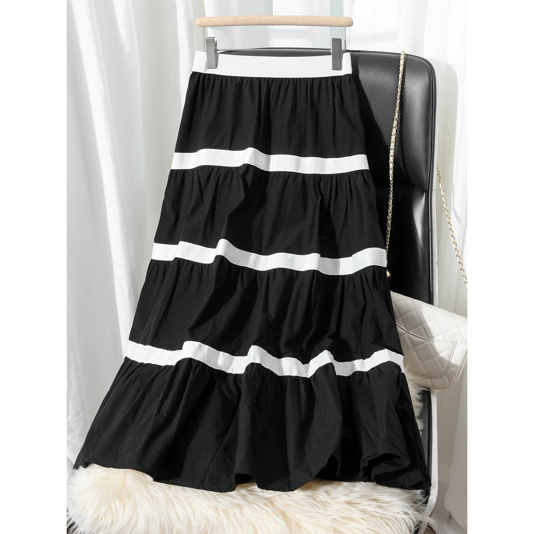 宁熙EC原创韩版撞色褶皱蛋糕裙半裙女法式长裙半身裙BQ2326