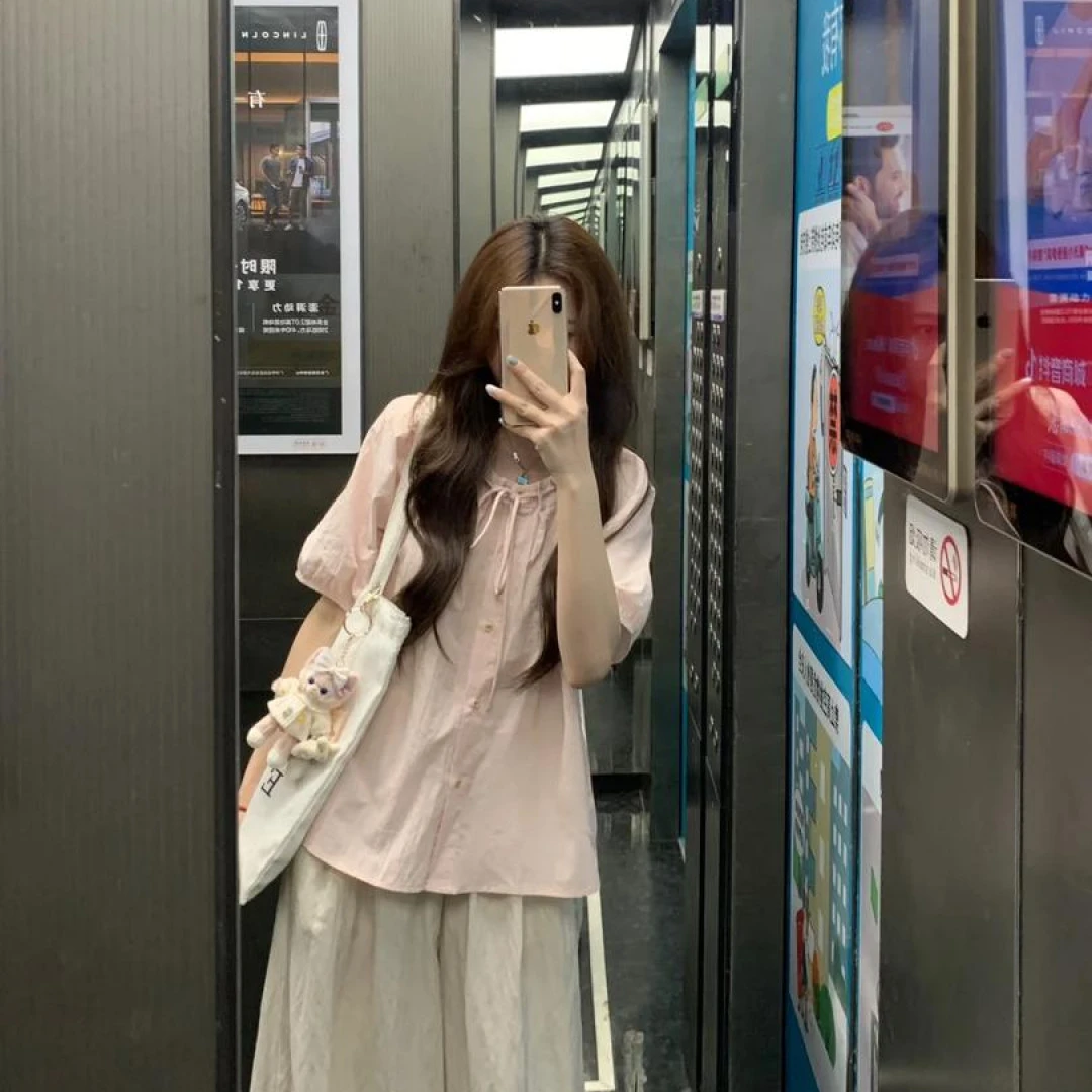 夏日多巴胺套装日系松弛感粉色短袖衬衫休闲裤两件套装小个子穿搭