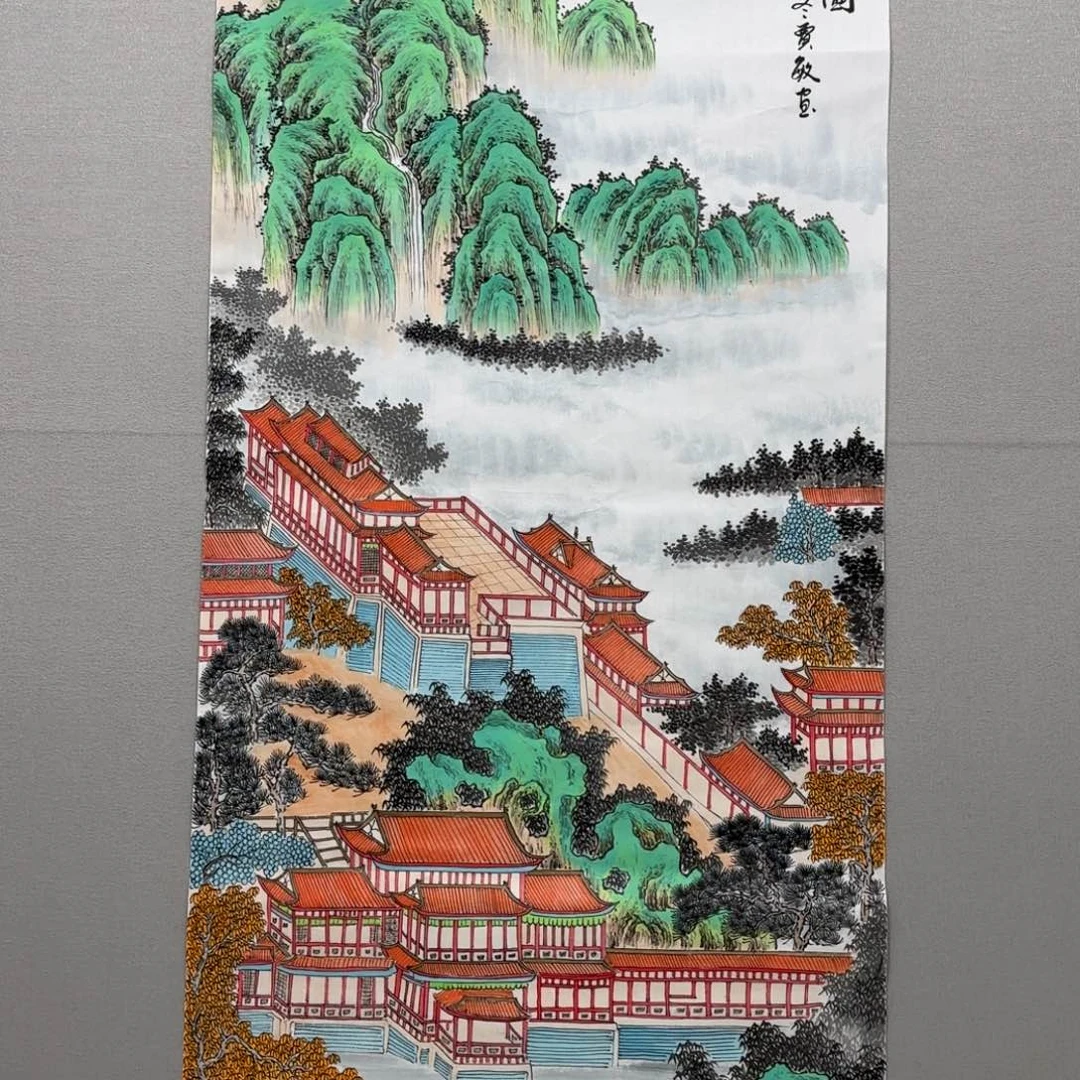 国画竖幅四尺工笔楼阁图贾敏