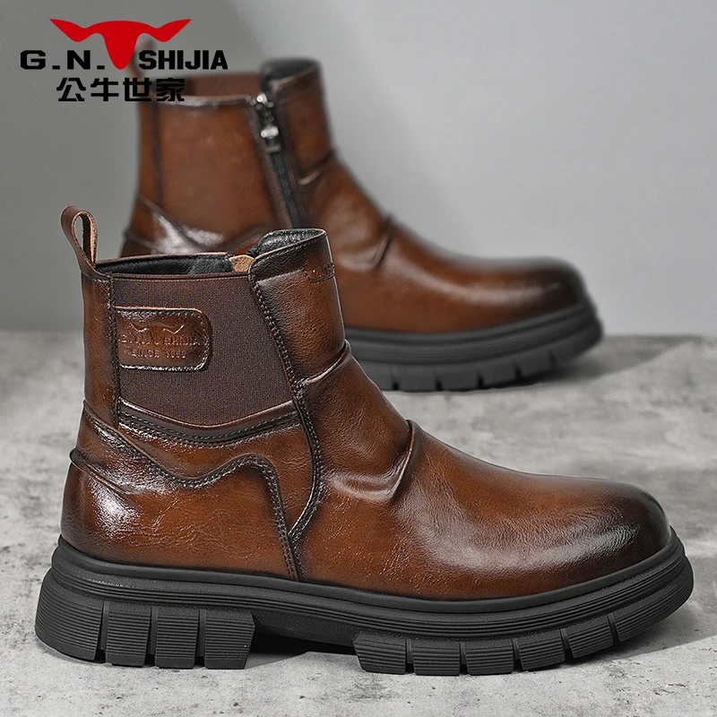 公牛世家秋冬英伦风手工复古雕花切尔西靴男士头层牛皮流光风男靴
