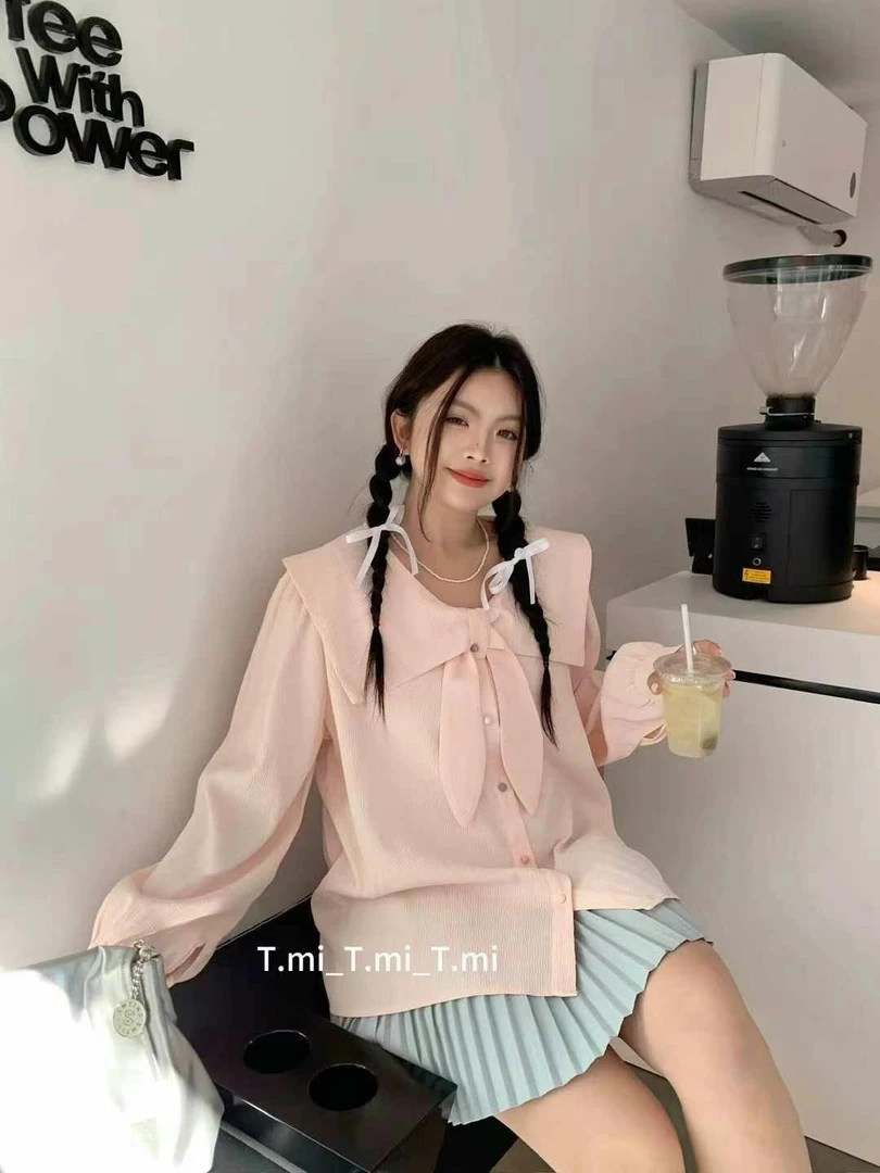 【红姐大码】25238韩系大领子纯色兔耳朵领结衬衫长袖衬衣上衣