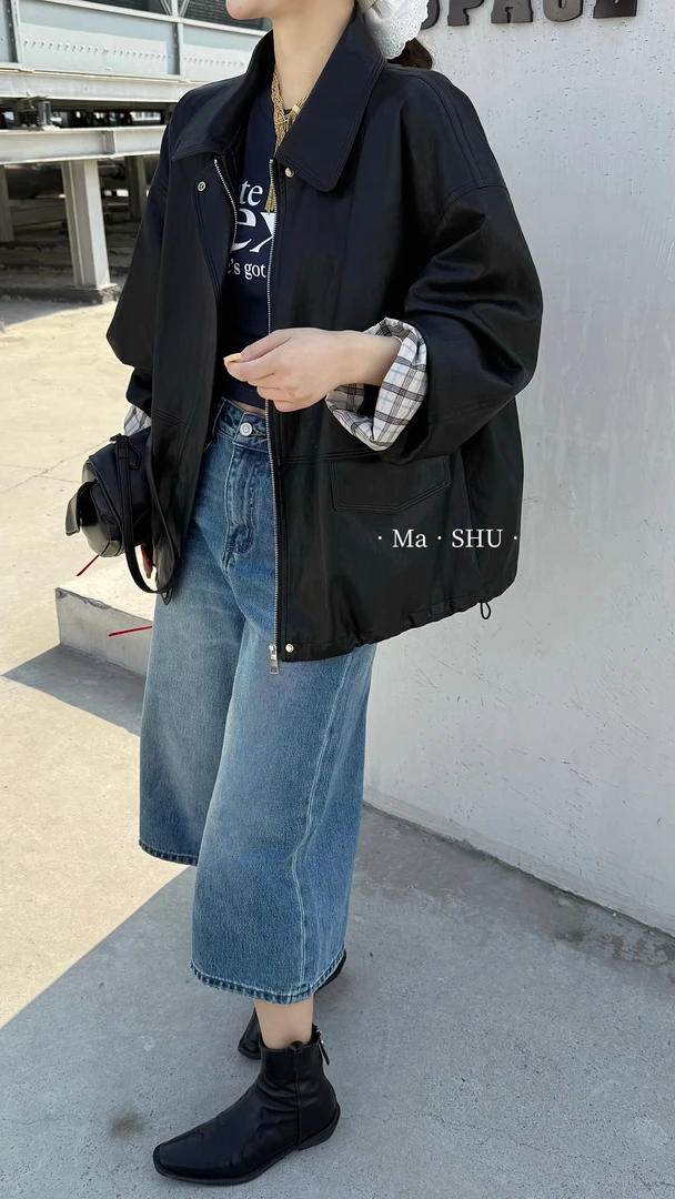 翻领皮衣外套女复古高级感拼接袖8029