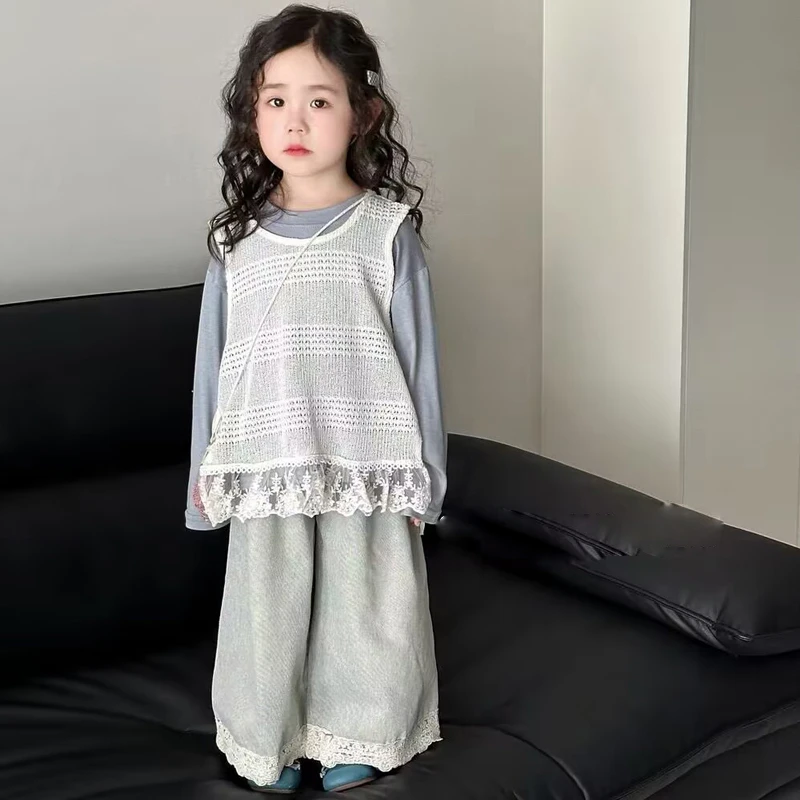 韩版女童春装背心三件套装2025新款时髦女孩森系牛仔裤百搭阔腿裤