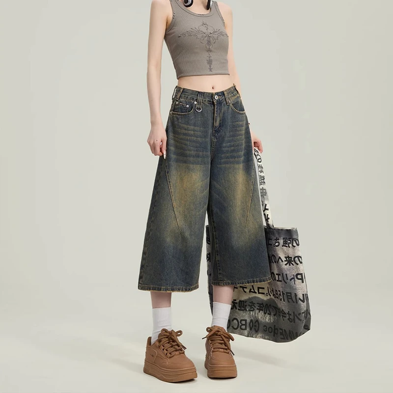 七分阔腿牛仔裤女2025夏季薄款新款直筒宽松美式复古五分短裤中裤
