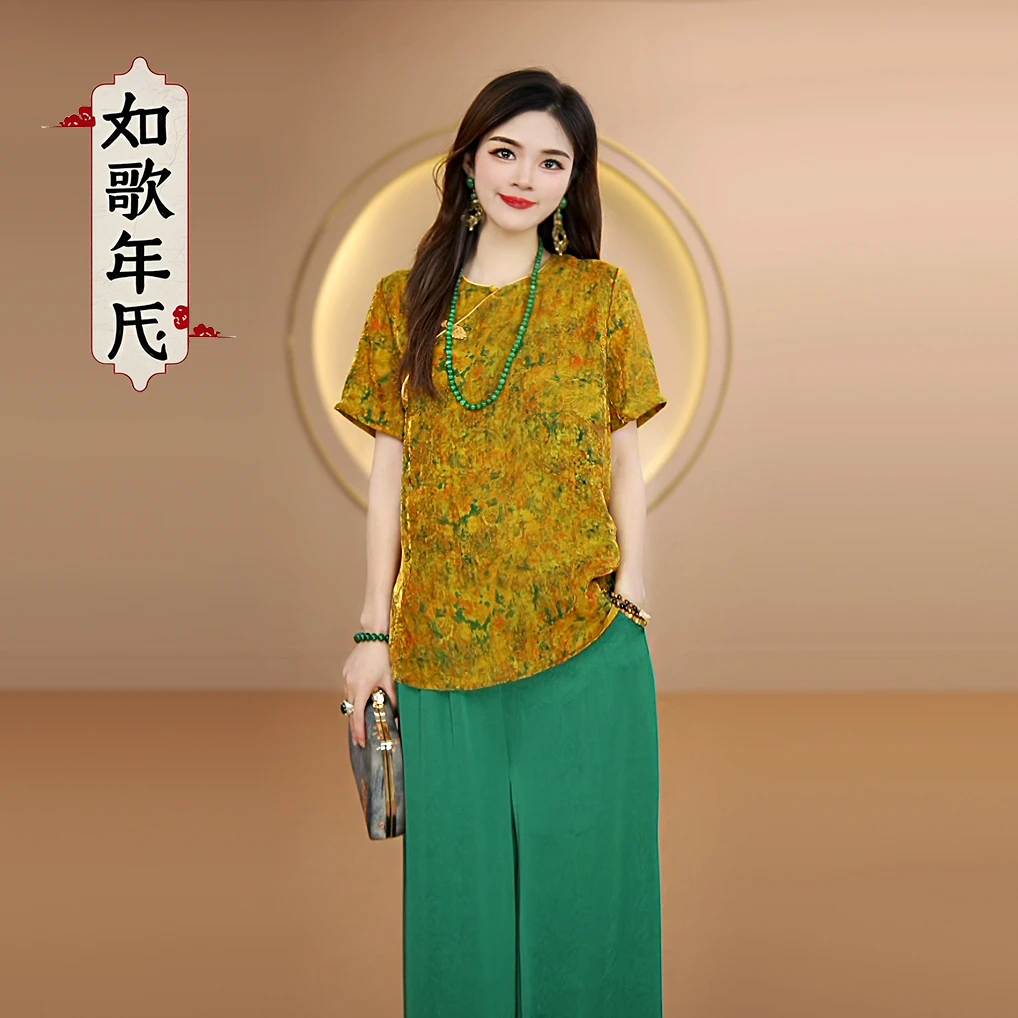 梧桐-如歌年代新国风气质圆领盘扣短袖提花小衫女士复古薄款上衣