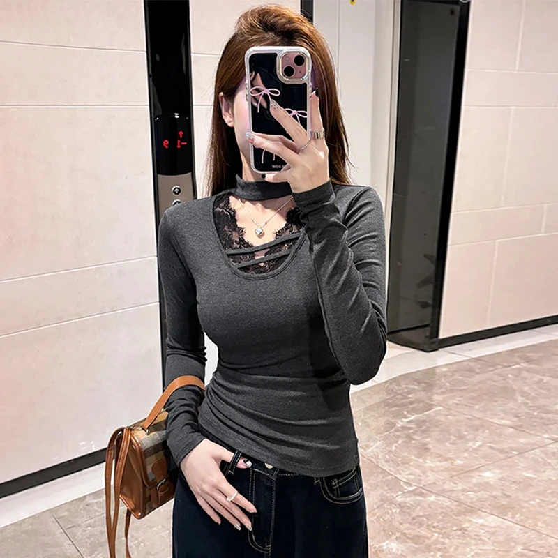 纯欲风显瘦蕾丝拼接v领长袖爆款挂脖打底衫女款爆款2025新款