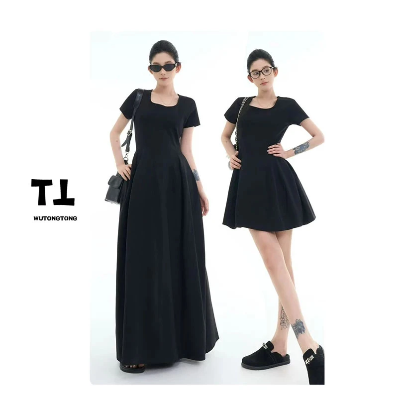 【赫本】夏季时尚长款连衣裙女显瘦过膝收腰A字裙韩系高级感显瘦