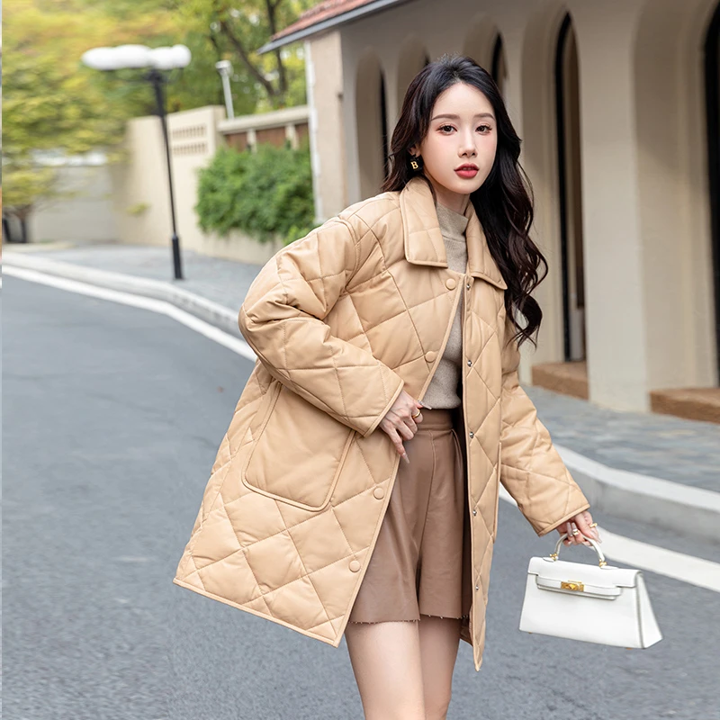 2025冬新款真皮羽绒服女宽松休闲绵羊皮中长款菱格白鹅绒加厚外套