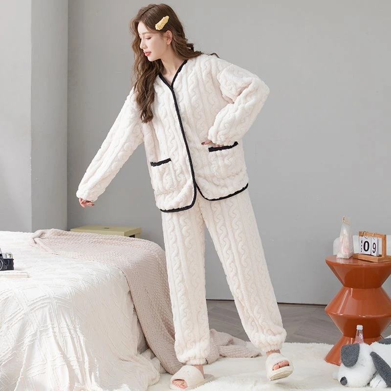 小香风睡衣女士家居服套装法兰绒保暖加厚加绒休闲甜美外穿舒适款