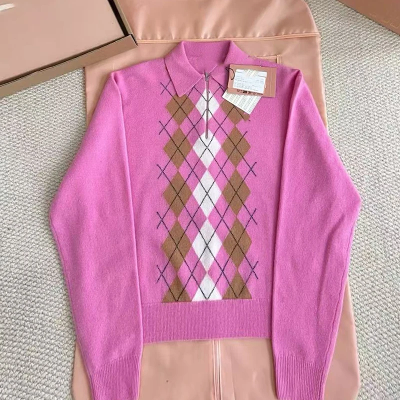 《281》南油高定时尚气质百搭菱形格长袖Polo领针织