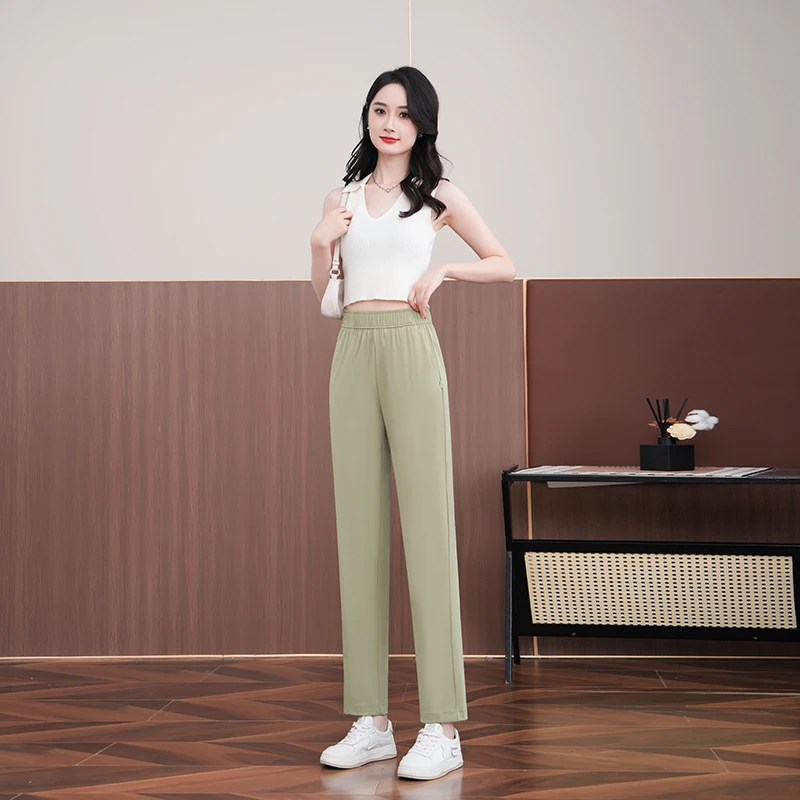 九分直筒裤夏季冰丝宽松防晒薄款大码女裤微胖弹力冰丝女裤薄款